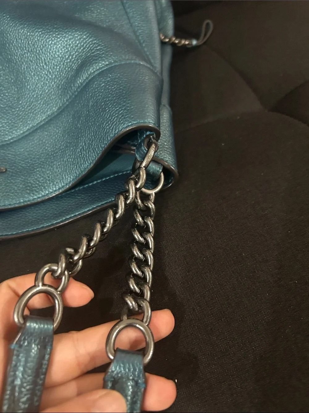Coach Lexy Metallic Peacock Blue Teal Pebbled Leather Chain Shoulder Bag Purse